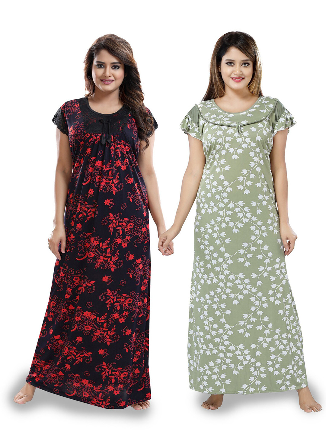 

SHOPPING STATION Pack Of 2 Floral Printed Satin Maxi Nightdress, Black