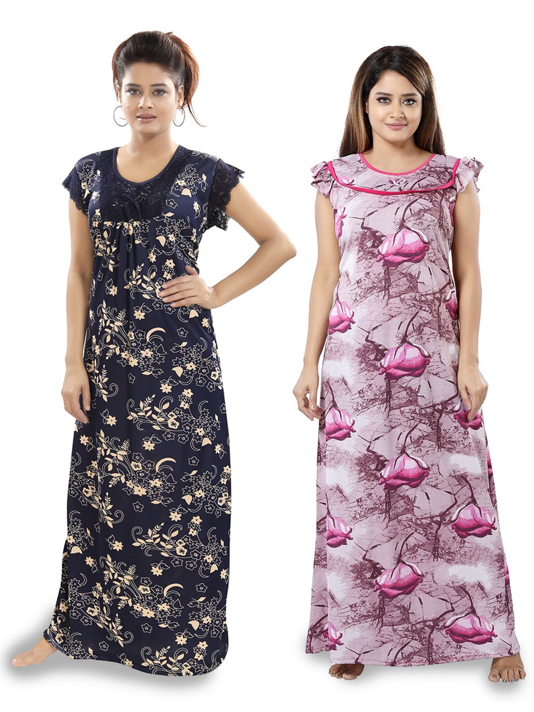 

SHOPPING STATION Pack Of 2 Floral Printed Satin Maxi Nightdress, Blue