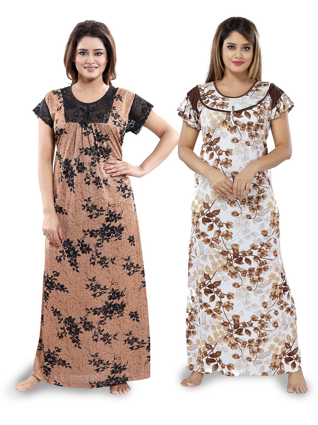 

SHOPPING STATION Pack Of 2 Floral Printed Satin Maxi Nightdress, Beige