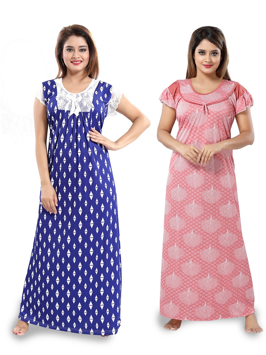 

SHOPPING STATION Pack Of 2 Ethnic Motifs Printed Satin Maxi Nightdress, Blue