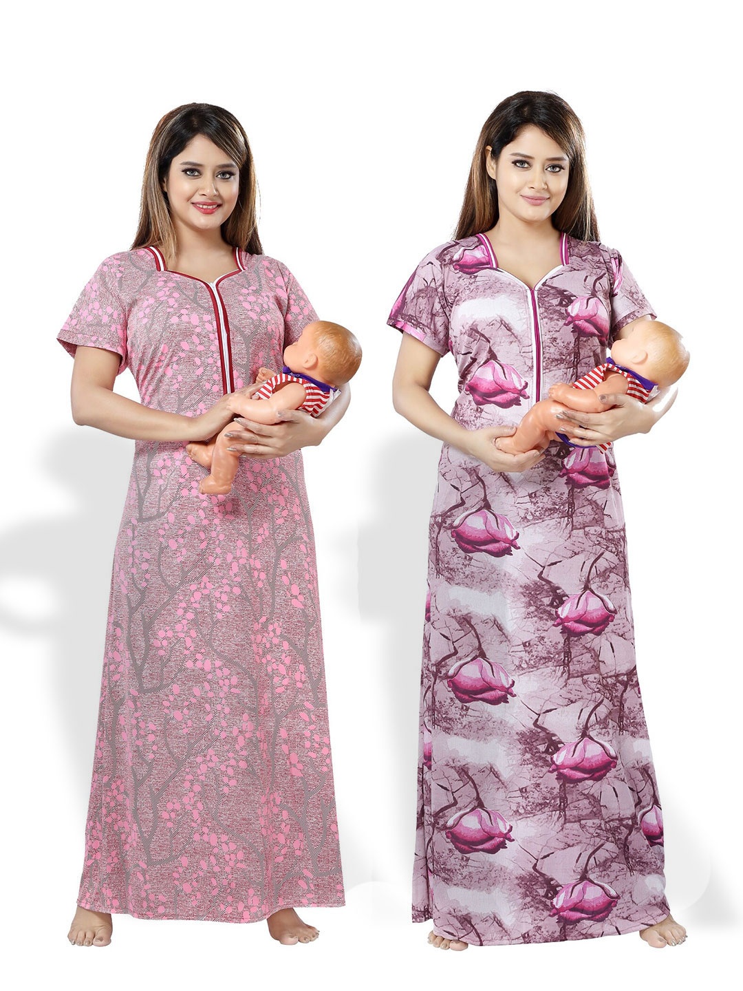 

SHOPPING STATION Pack Of 2 Floral Printed Satin Maxi Nightdress, Pink