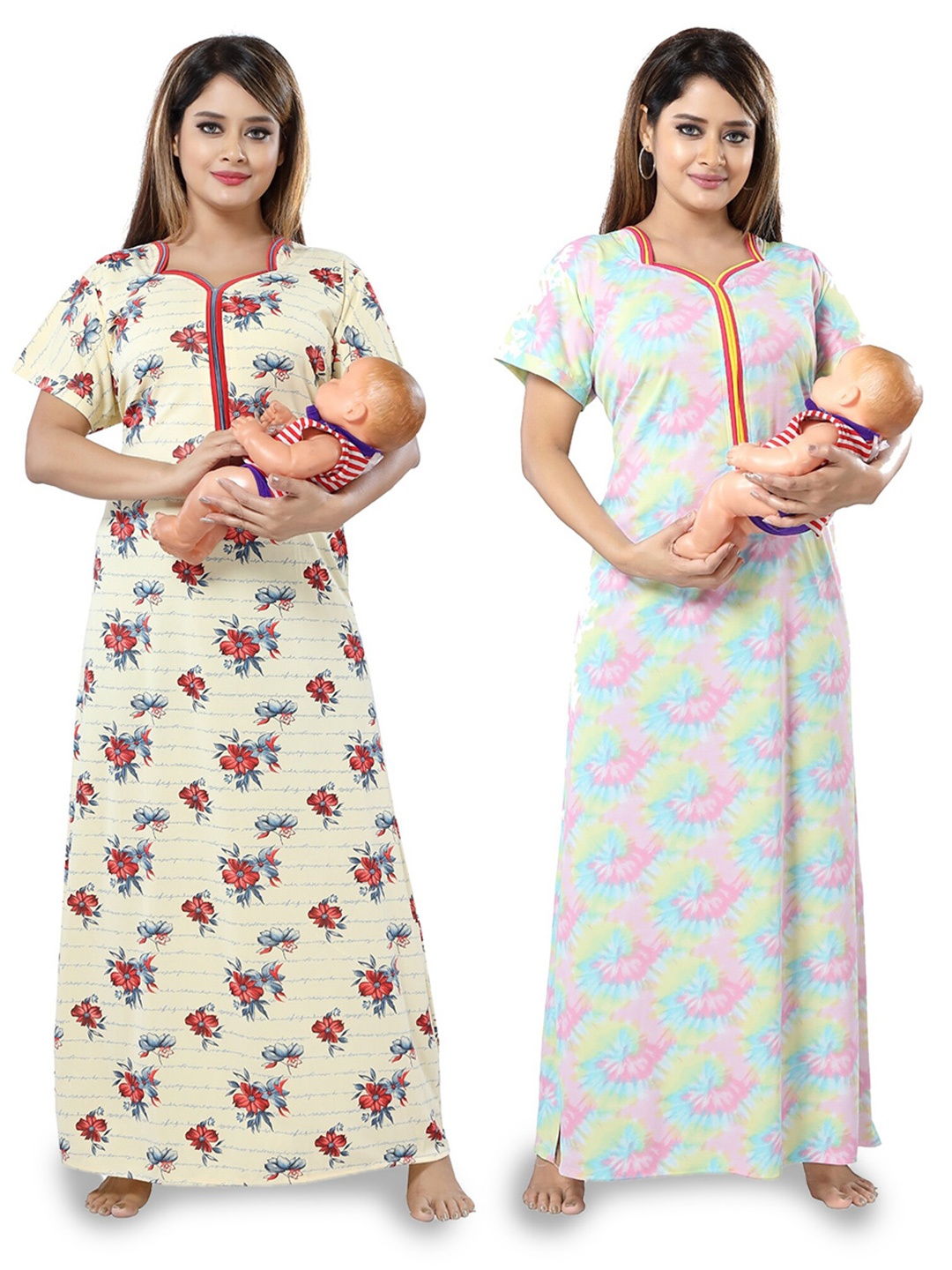 

SHOPPING STATION Pack Of 2 Floral Printed Satin Maternity Maxi Nightdress, Beige