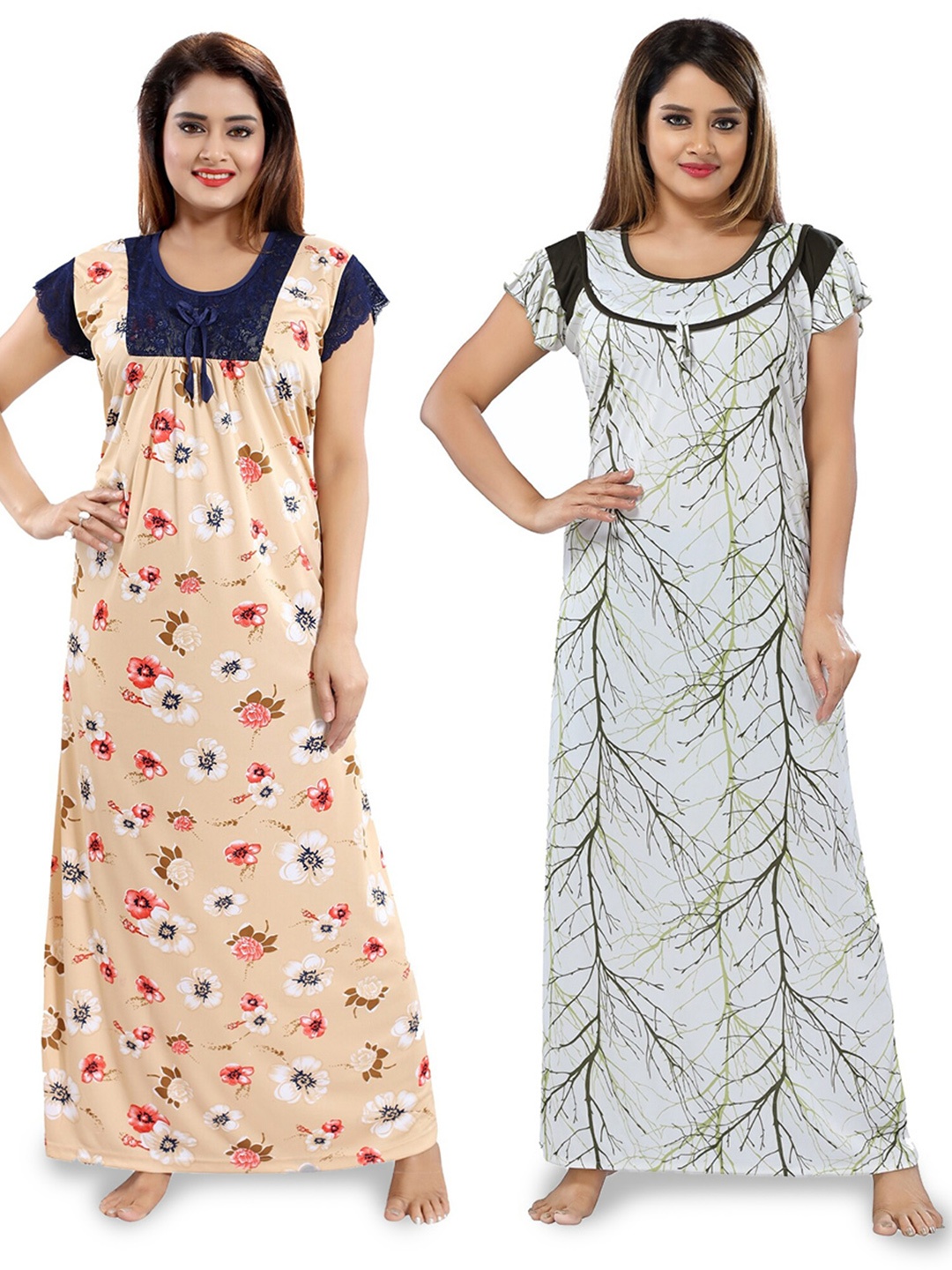 

SHOPPING STATION Pack Of 2 Floral Printed Satin Maxi Nightdress, White