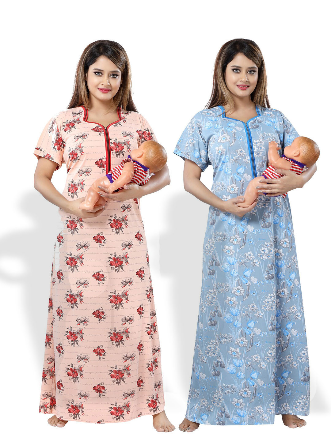 

SHOPPING STATION Pack Of 2 Floral Printed Satin Maxi Nightdress, Peach