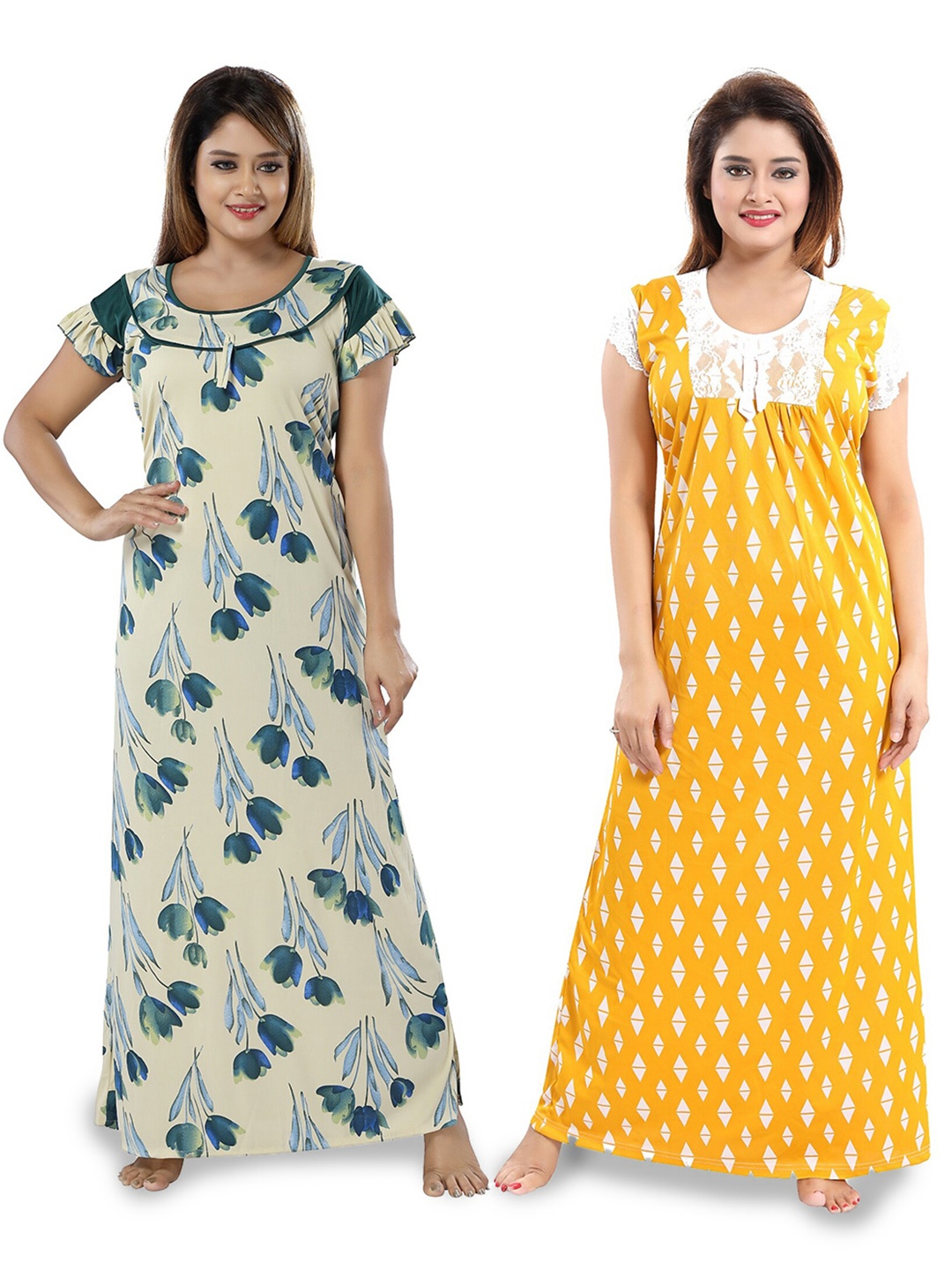 

SHOPPING STATION Pack Of 2 Floral Printed Satin Maxi Nightdress, Yellow