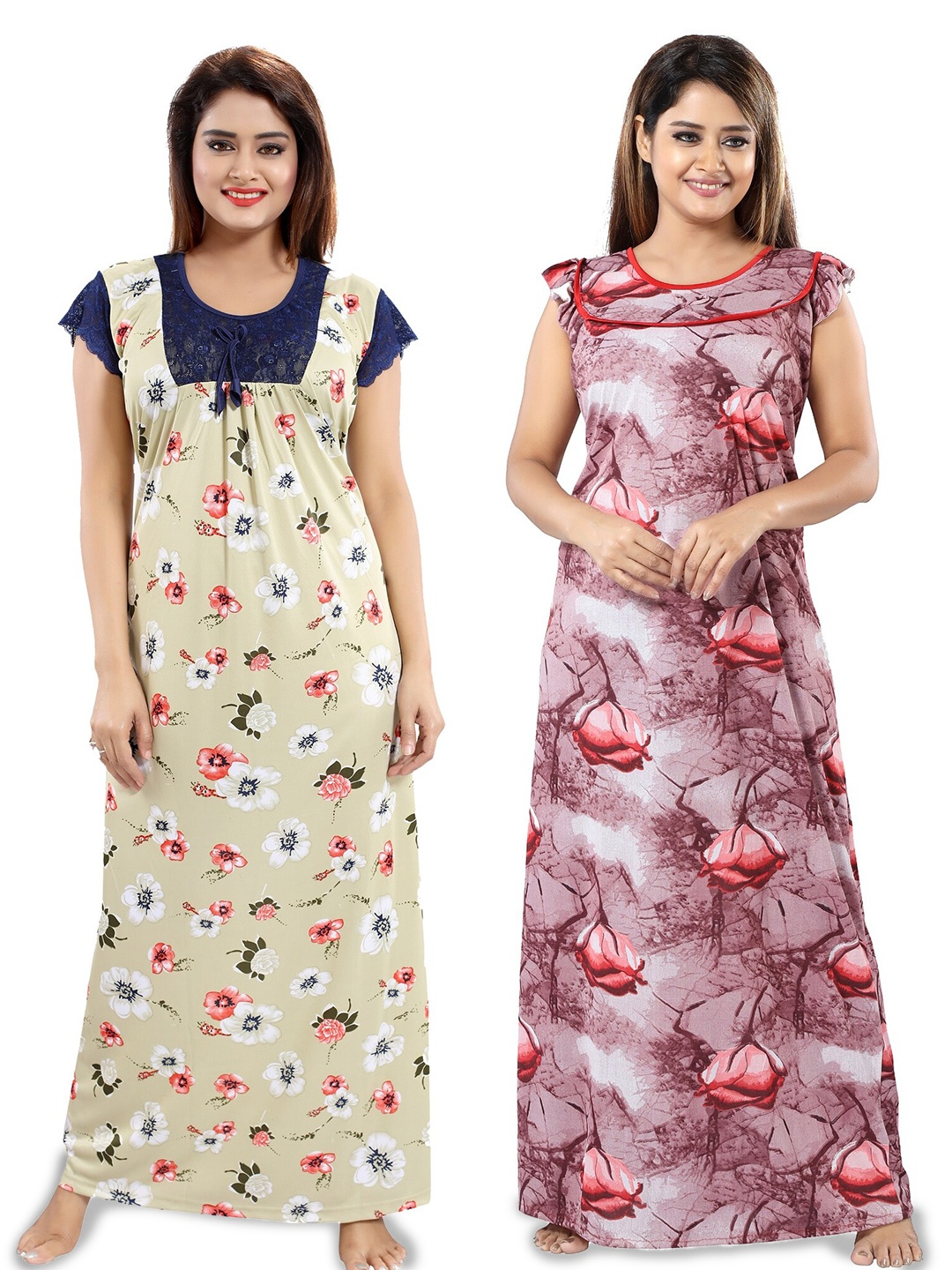 

SHOPPING STATION Pack Of 2 Floral Printed Satin Maxi Nightdress, Peach