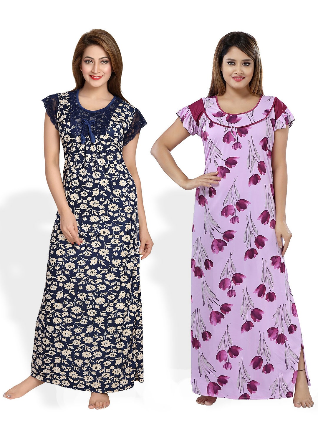 

SHOPPING STATION Pack Of 2 Floral Printed Satin Maxi Nightdress, Purple