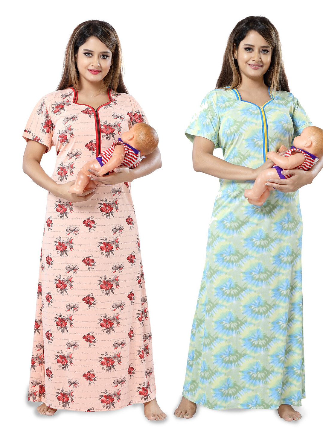 

SHOPPING STATION Pack Of 2 Floral Printed Satin Maternity Maxi Nightdress, Peach