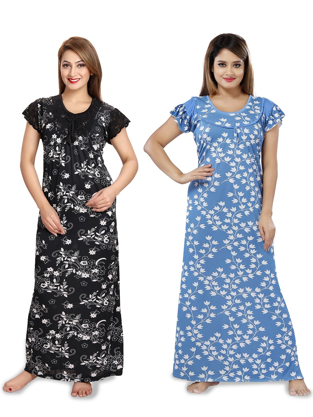 

SHOPPING STATION Pack Of 2 Floral Printed Satin Maxi Nightdress, Black