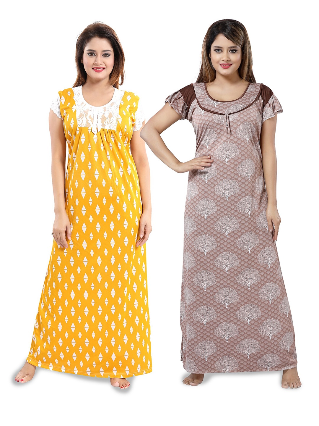 

SHOPPING STATION Pack Of 2 Floral Printed Satin Maxi Nightdress, Yellow