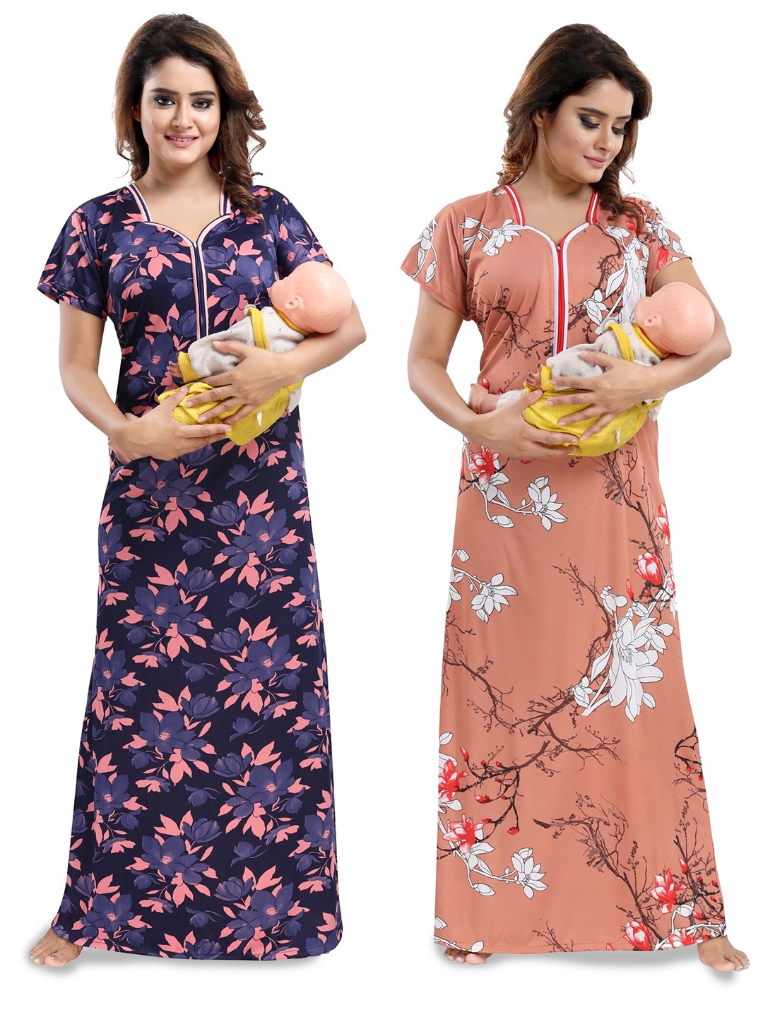 

SHOPPING STATION Pack Of 2 Floral Printed Satin Maternity Maxi Nightdress, Blue