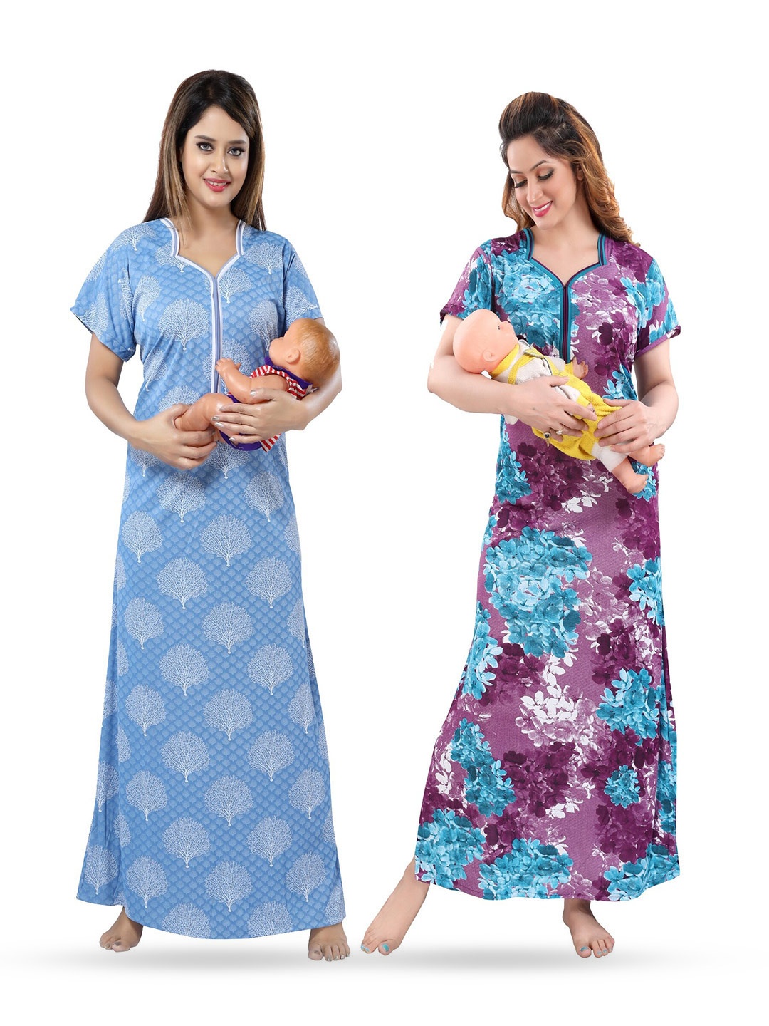 

SHOPPING STATION Pack Of 2 Ethnic Motifs Printed Satin Maternity Maxi Nightdress, Blue