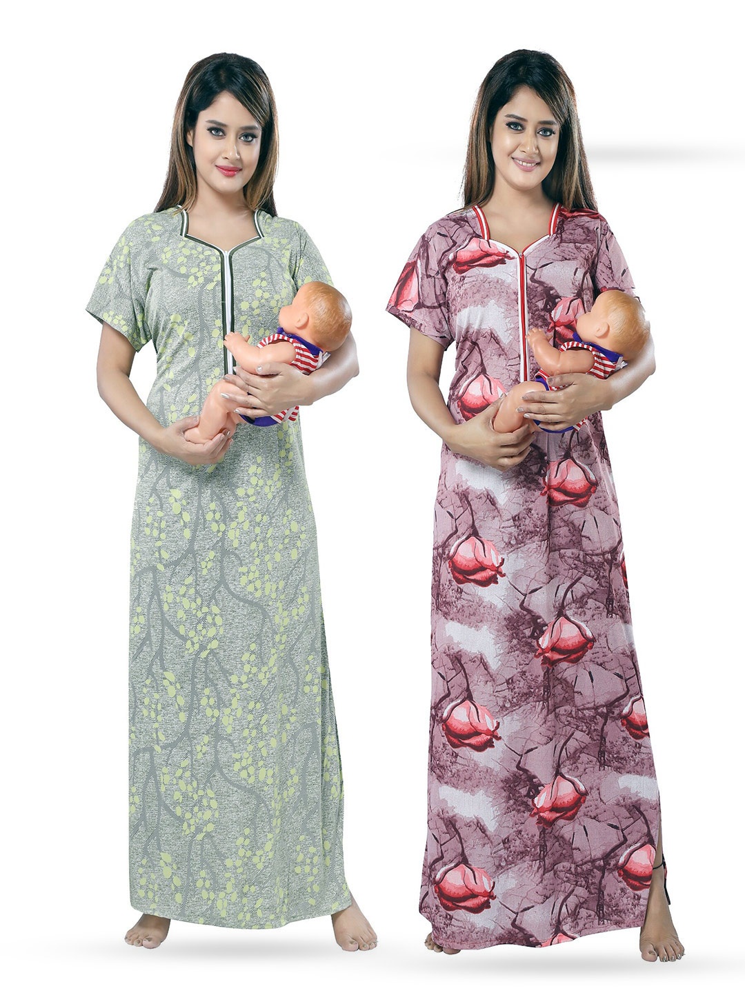 

SHOPPING STATION Pack Of 2 Floral Printed Satin Maxi Nightdress, Green