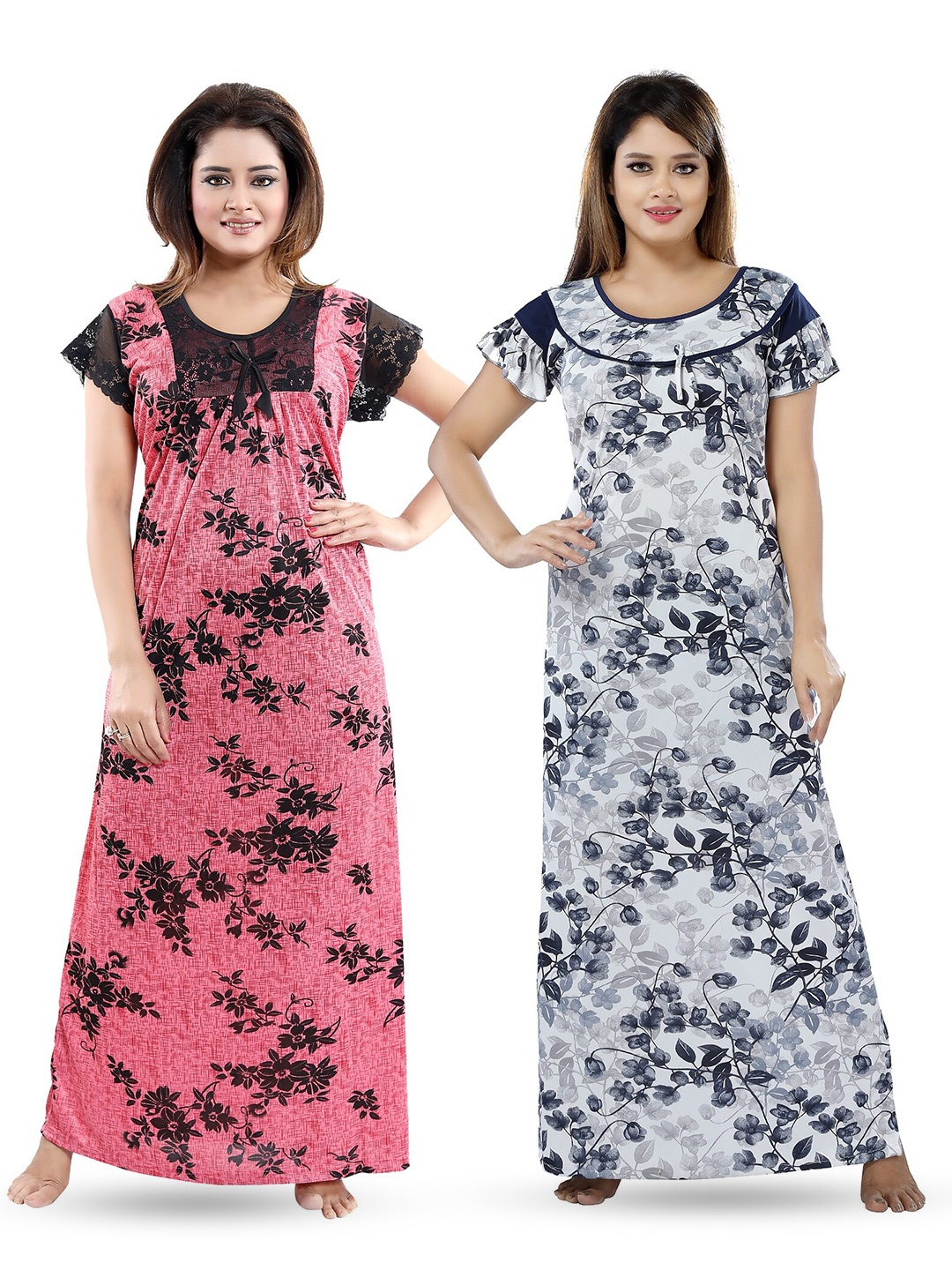 

SHOPPING STATION Pack Of 2 Floral Printed Satin Maxi Nightdress, White