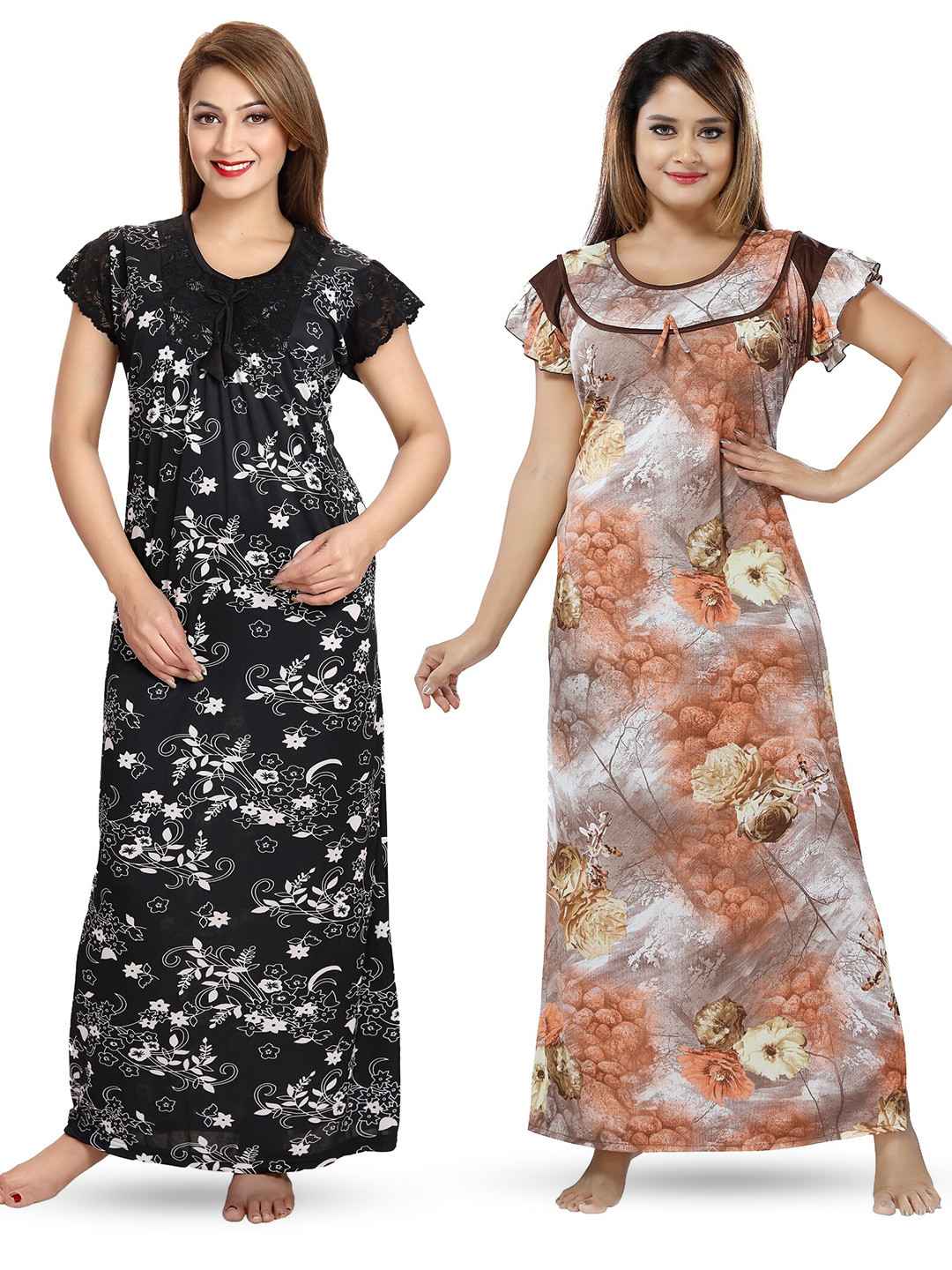 

SHOPPING STATION Pack Of 2 Floral Printed Satin Maxi Nightdress, Black