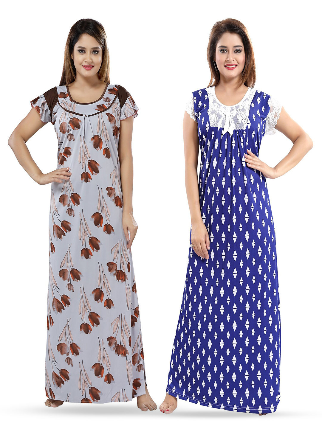 

SHOPPING STATION Pack Of 2 Floral Printed Satin Maxi Nightdress, Blue