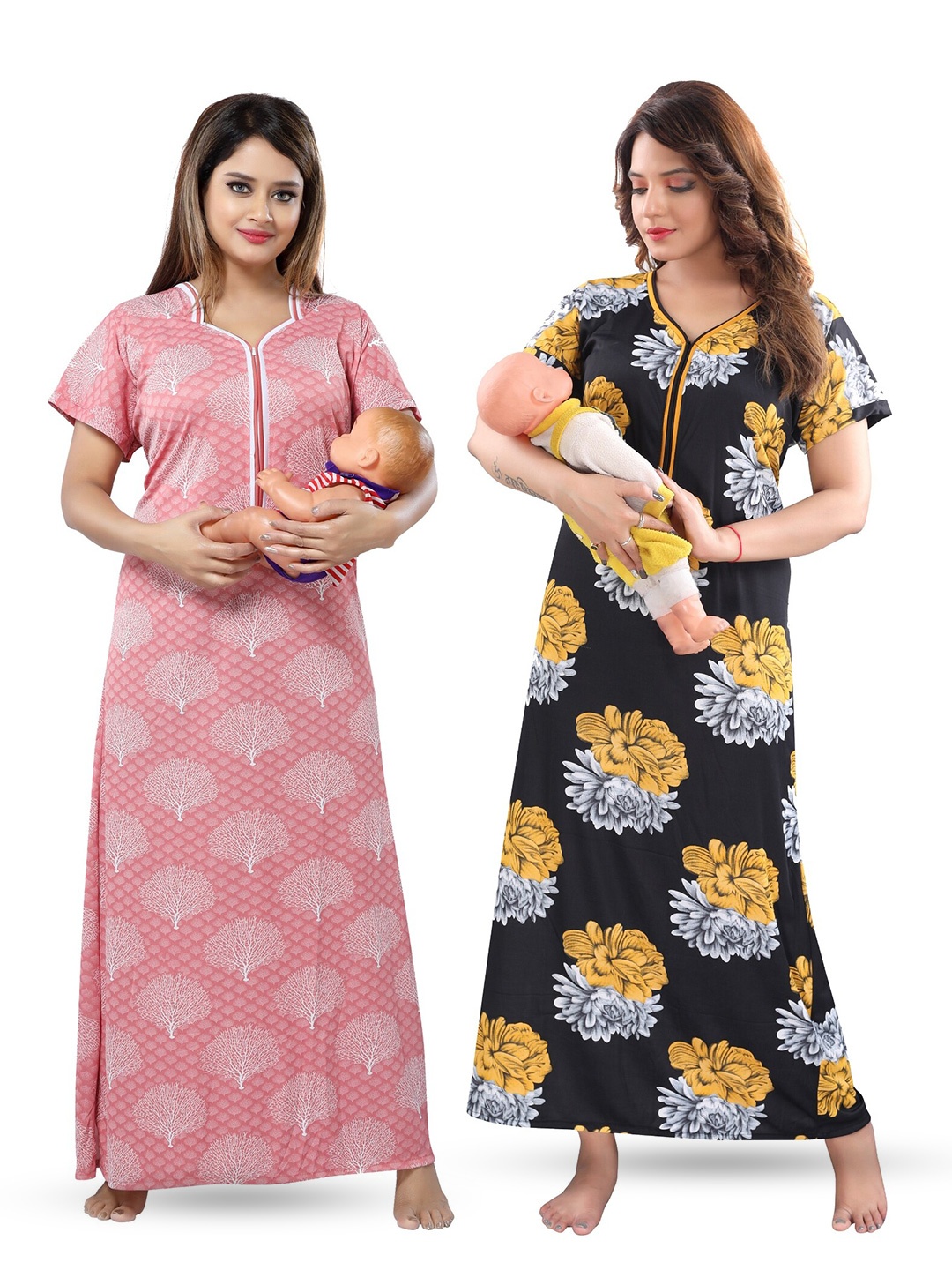 

SHOPPING STATION Pack Of 2 Floral Printed Satin Maternity Maxi Nightdress, Peach