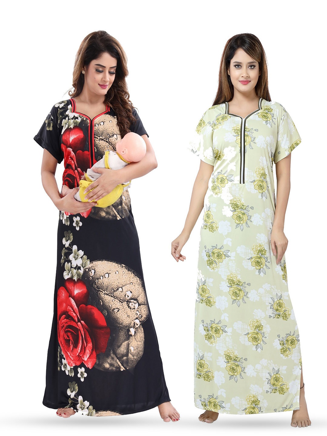 

SHOPPING STATION Pack Of 2 Floral Printed Satin Maternity Maxi Nightdress, Black