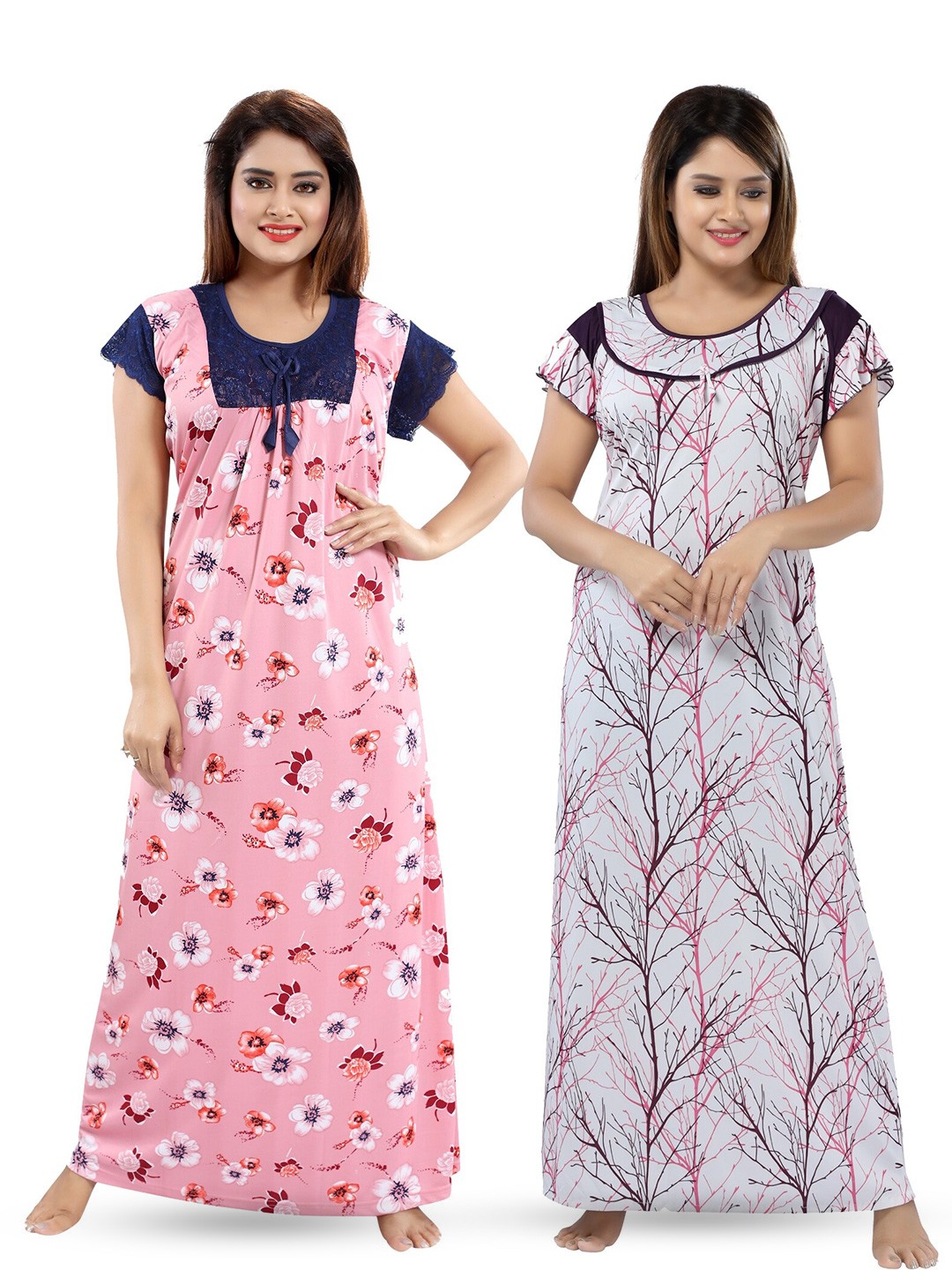 

SHOPPING STATION Pack Of 2 Floral Printed Satin Maxi Nightdress, Peach
