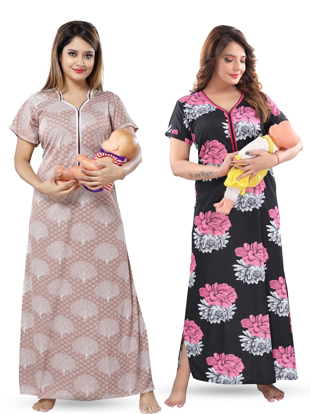 

SHOPPING STATION Pack Of 2 Floral Printed Satin Maternity Maxi Nightdress, Black