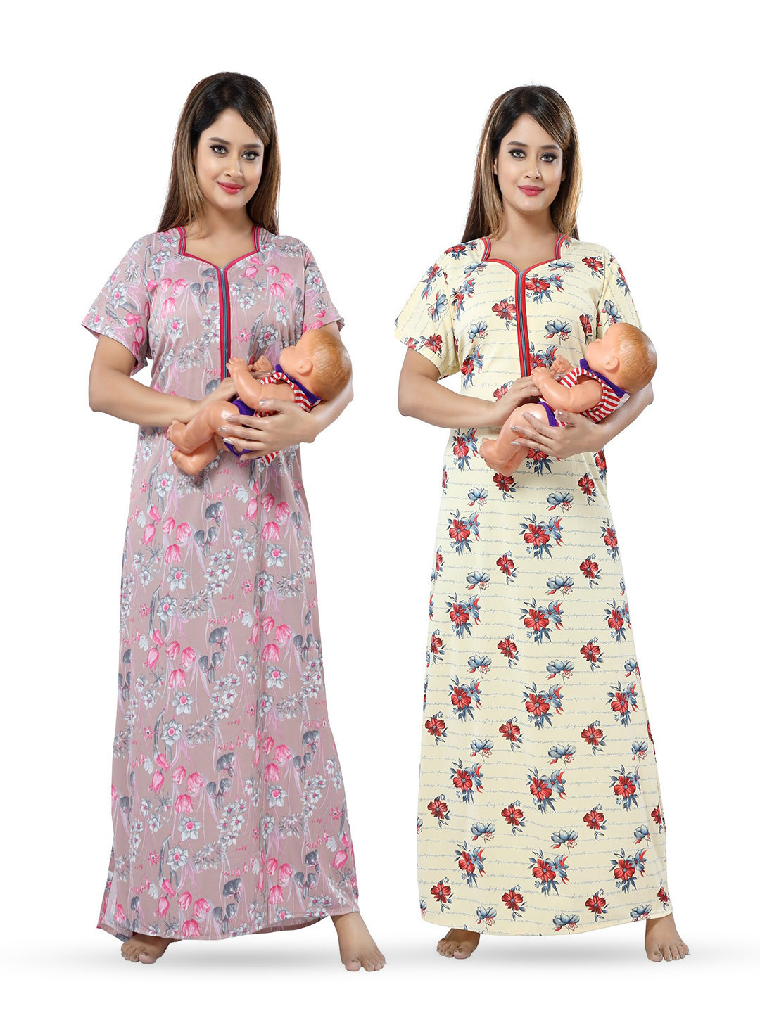 

SHOPPING STATION Pack Of 2 Floral Printed Satin Maternity Maxi Nightdress, Pink
