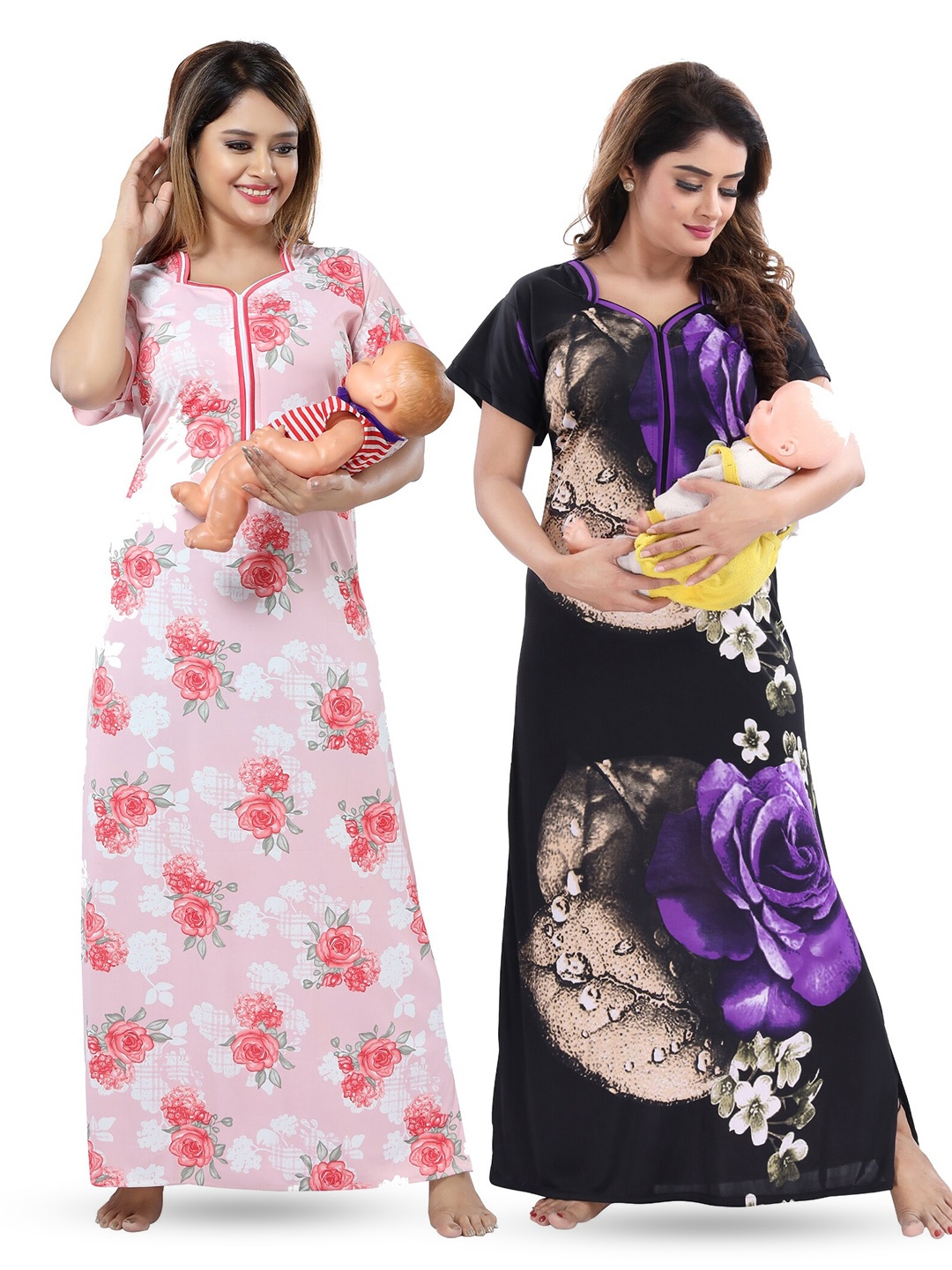 

SHOPPING STATION Pack Of 2 Floral Printed Satin Maternity Maxi Nightdress, Peach