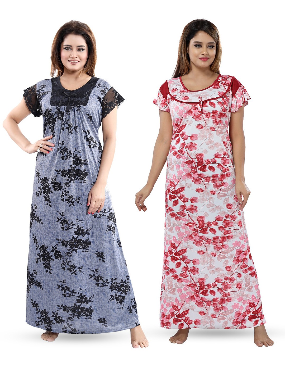

SHOPPING STATION Pack Of 2 Floral Printed Satin Maxi Nightdress, Grey