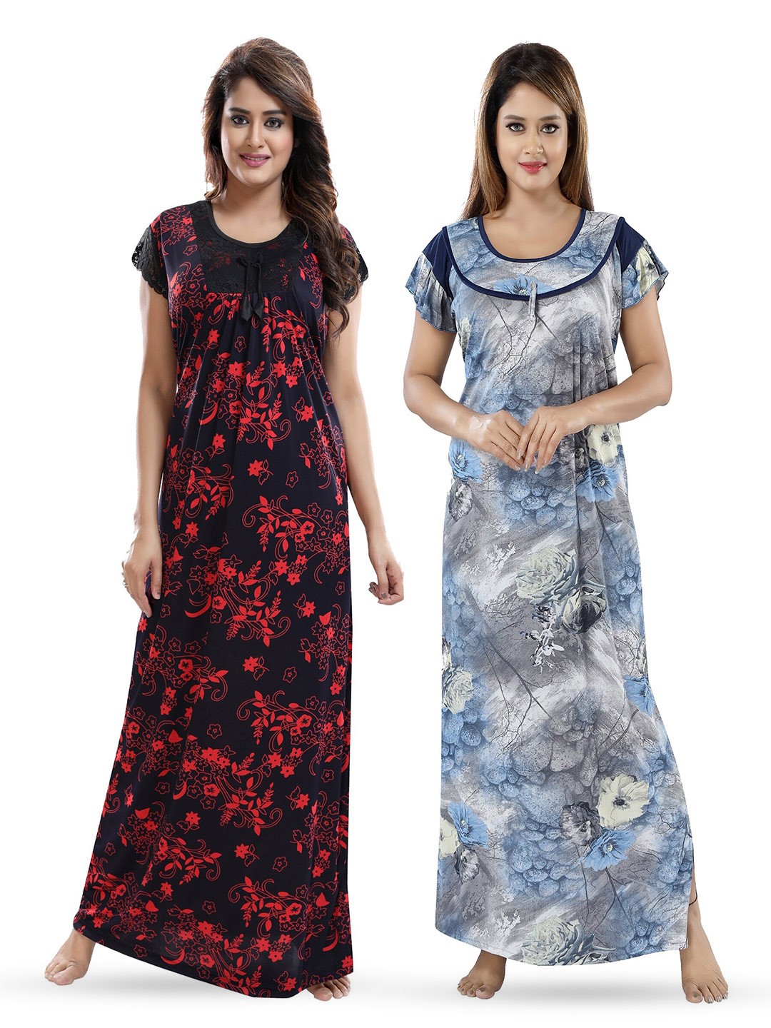 

SHOPPING STATION Pack Of 2 Floral Printed Satin Maxi Nightdress, Black
