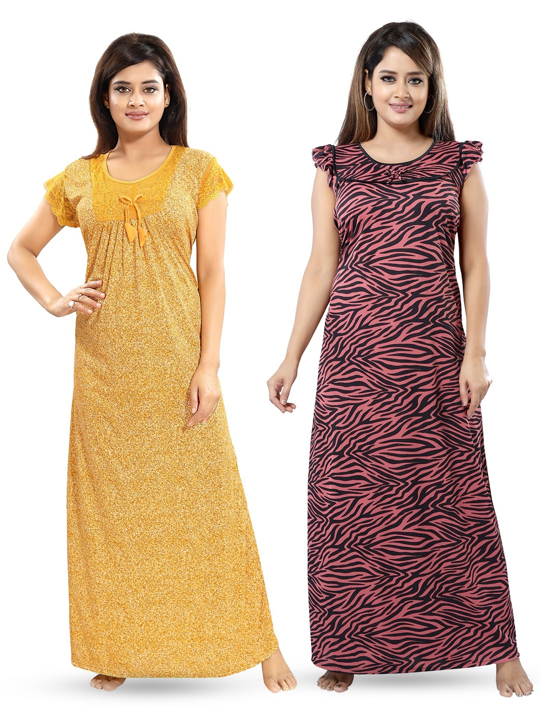 

SHOPPING STATION Pack Of 2 Abstract Printed Satin Maxi Nightdress, Yellow