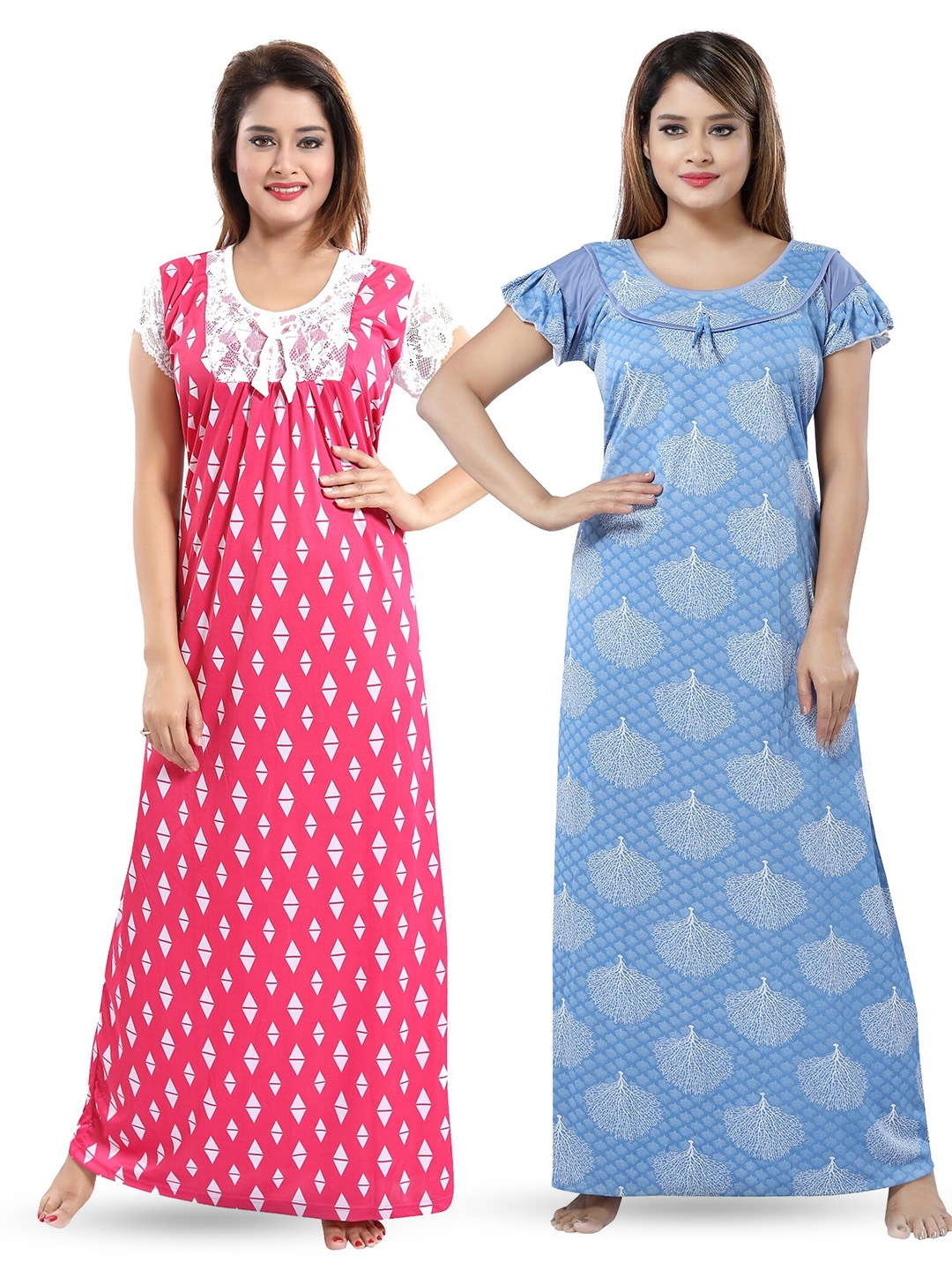 

SHOPPING STATION Pack Of 2 Ethnic Motifs Printed Satin Maxi Nightdress, Blue