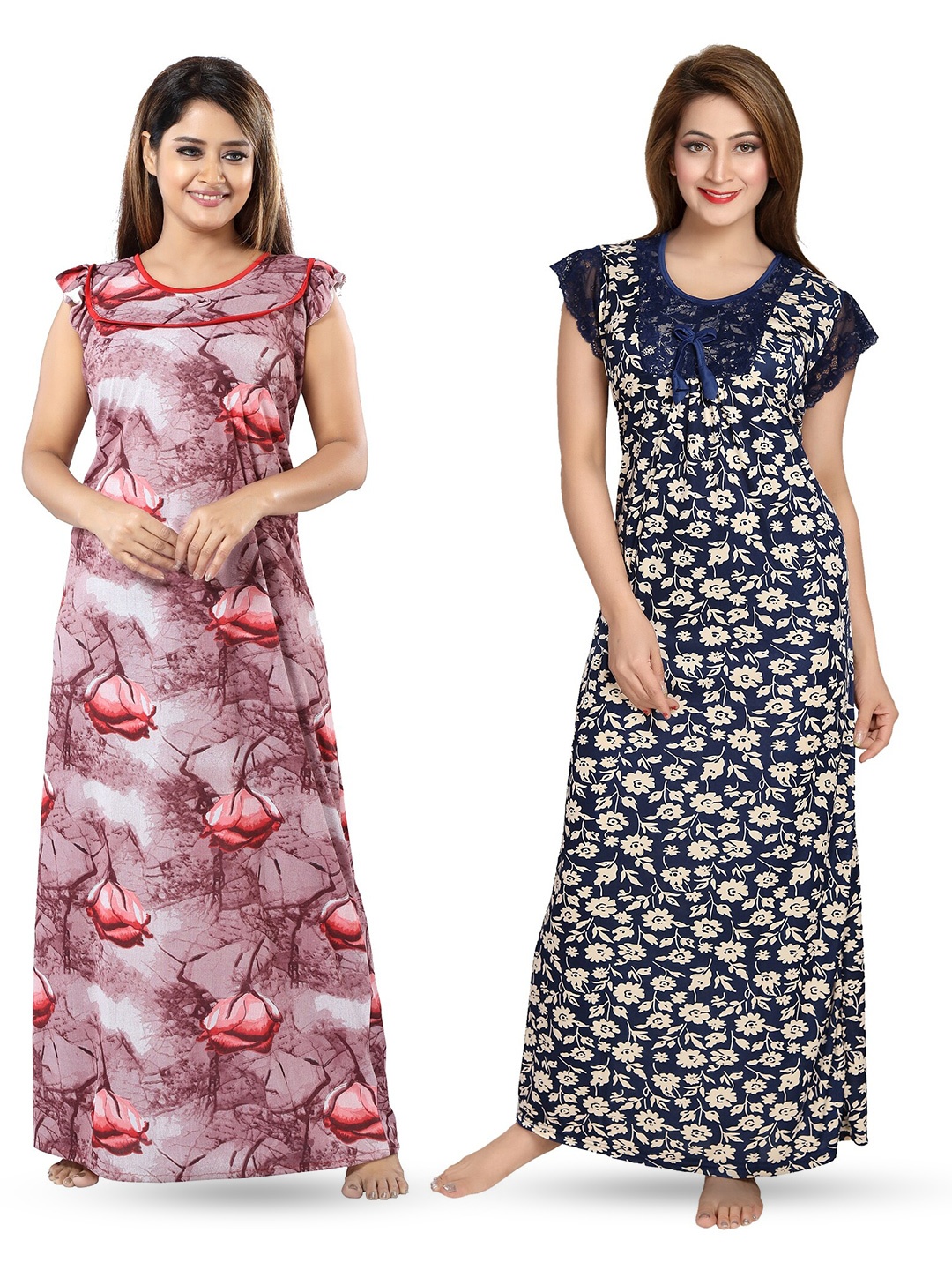 

SHOPPING STATION Pack Of 2 Floral Printed Satin Maxi Nightdress, Brown
