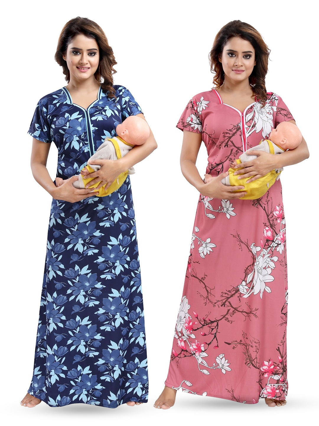 

SHOPPING STATION Pack Of 2 Floral Printed Satin Maternity Maxi Nightdress, Blue