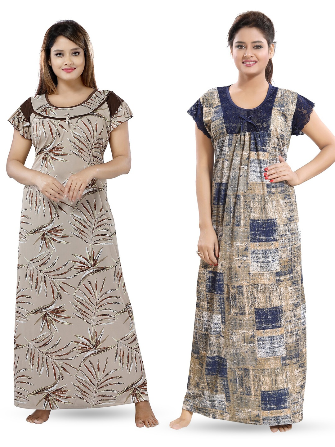 

SHOPPING STATION Pack Of 2 Floral Printed Satin Maxi Nightdress, Brown
