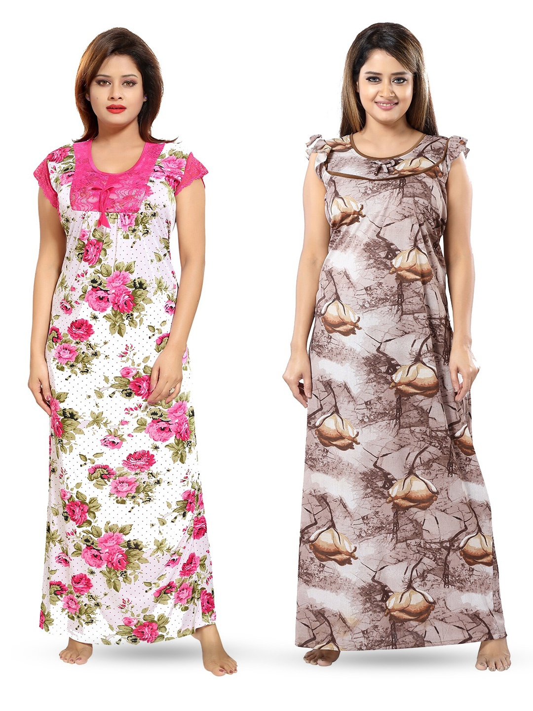 

SHOPPING STATION Pack Of 2 Floral Printed Satin Maxi Nightdress, White