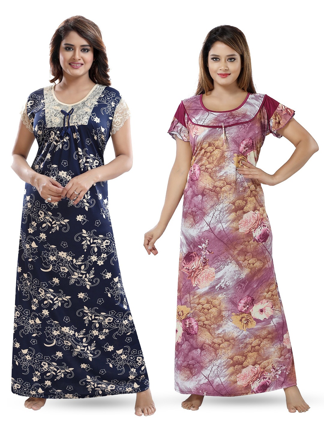 

SHOPPING STATION Pack Of 2 Floral Printed Satin Maxi Nightdress, Blue