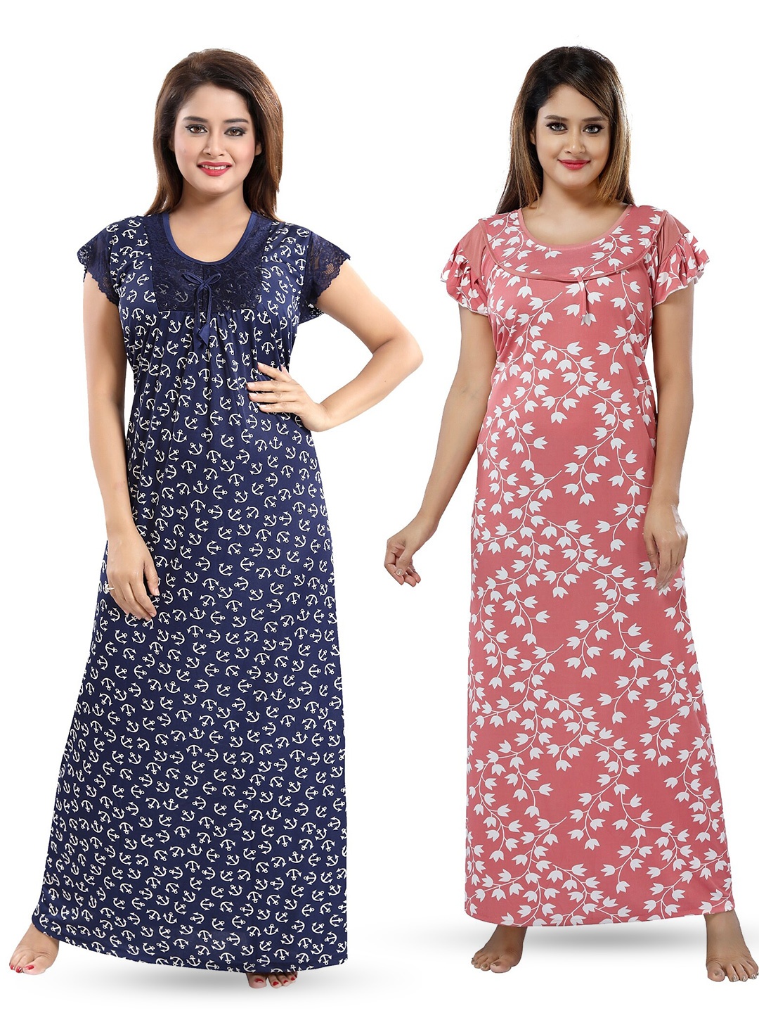 

SHOPPING STATION Pack Of 2 Floral Printed Satin Maxi Nightdress, Blue
