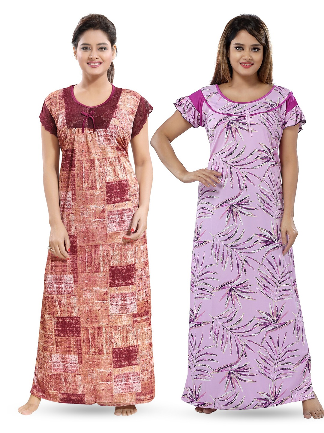 

SHOPPING STATION Pack Of 2 Floral Printed Satin Maxi Nightdress, Purple