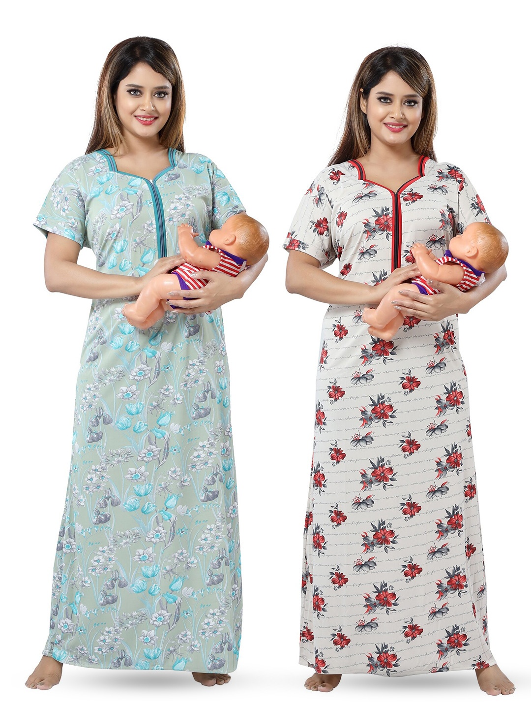 

SHOPPING STATION Pack Of 2 Floral Printed Satin Maternity Maxi Nightdress, White