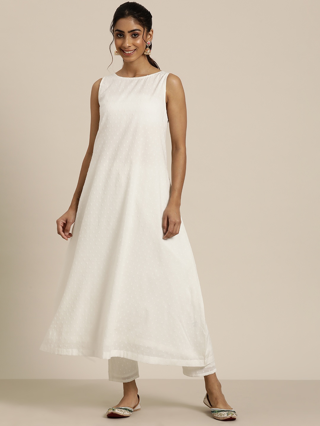 

HERE&NOW Pure Cotton Dobby Designed A-Line Kurta with Trousers, White