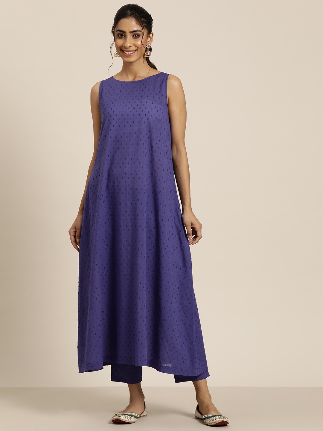 

HERE&NOW Pure Cotton Dobby Designed A-Line Kurta with Trousers, Blue