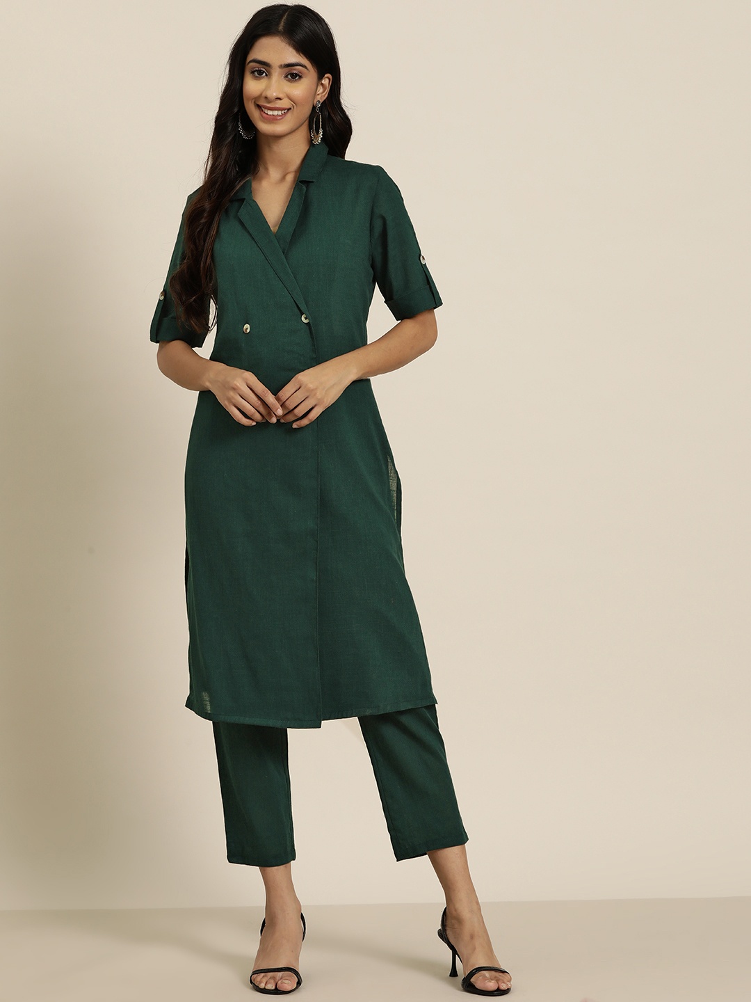 

HERE&NOW Pure Cotton Blazer Style Kurta with Trousers, Green