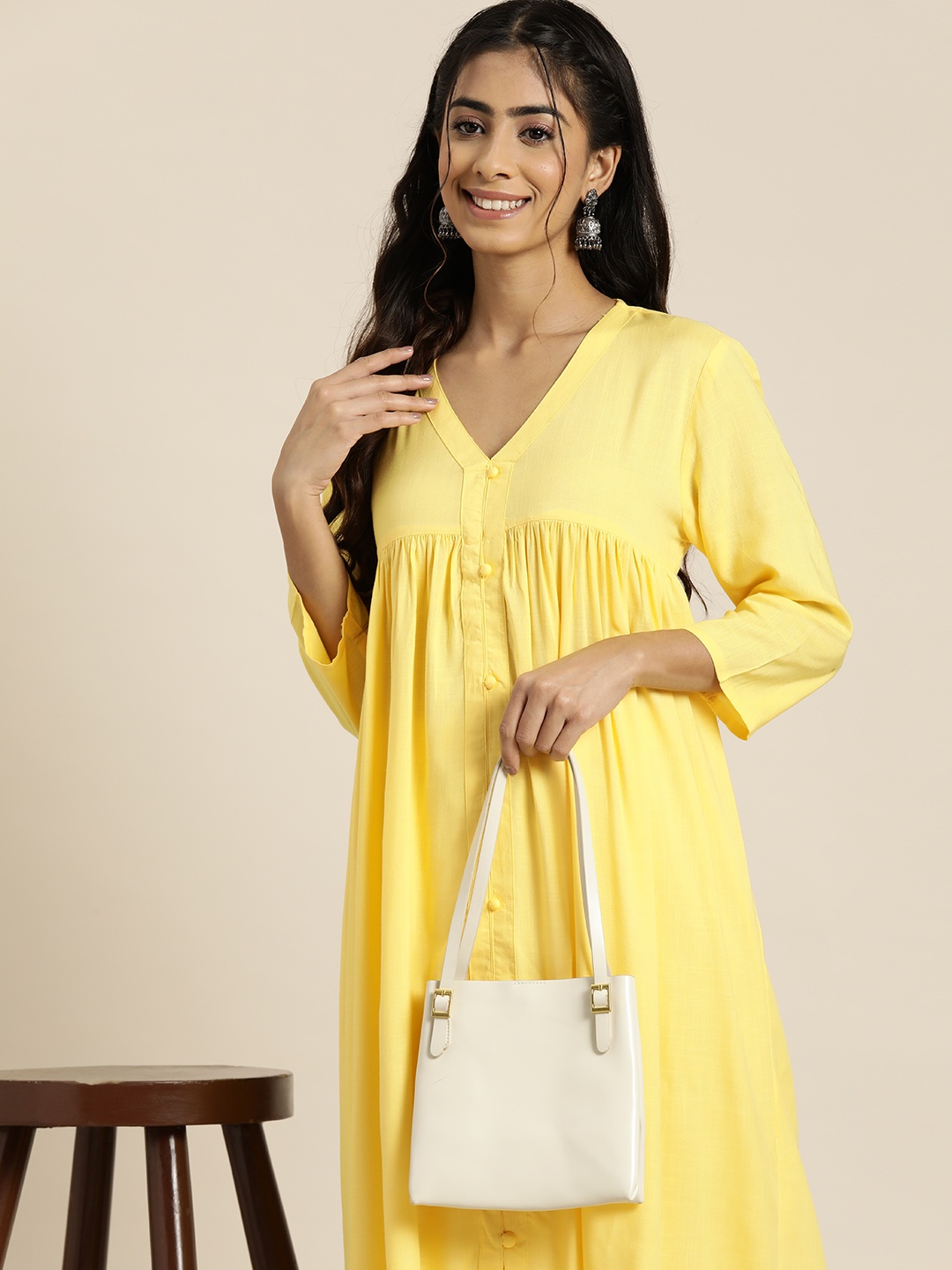 

HERE&NOW Women Yellow Pleated Pure Cotton Kurta with Trousers
