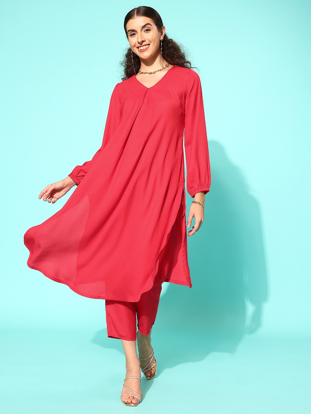 

HERE&NOW Women Tangy Taste Pleated Kurta with Trousers, Red