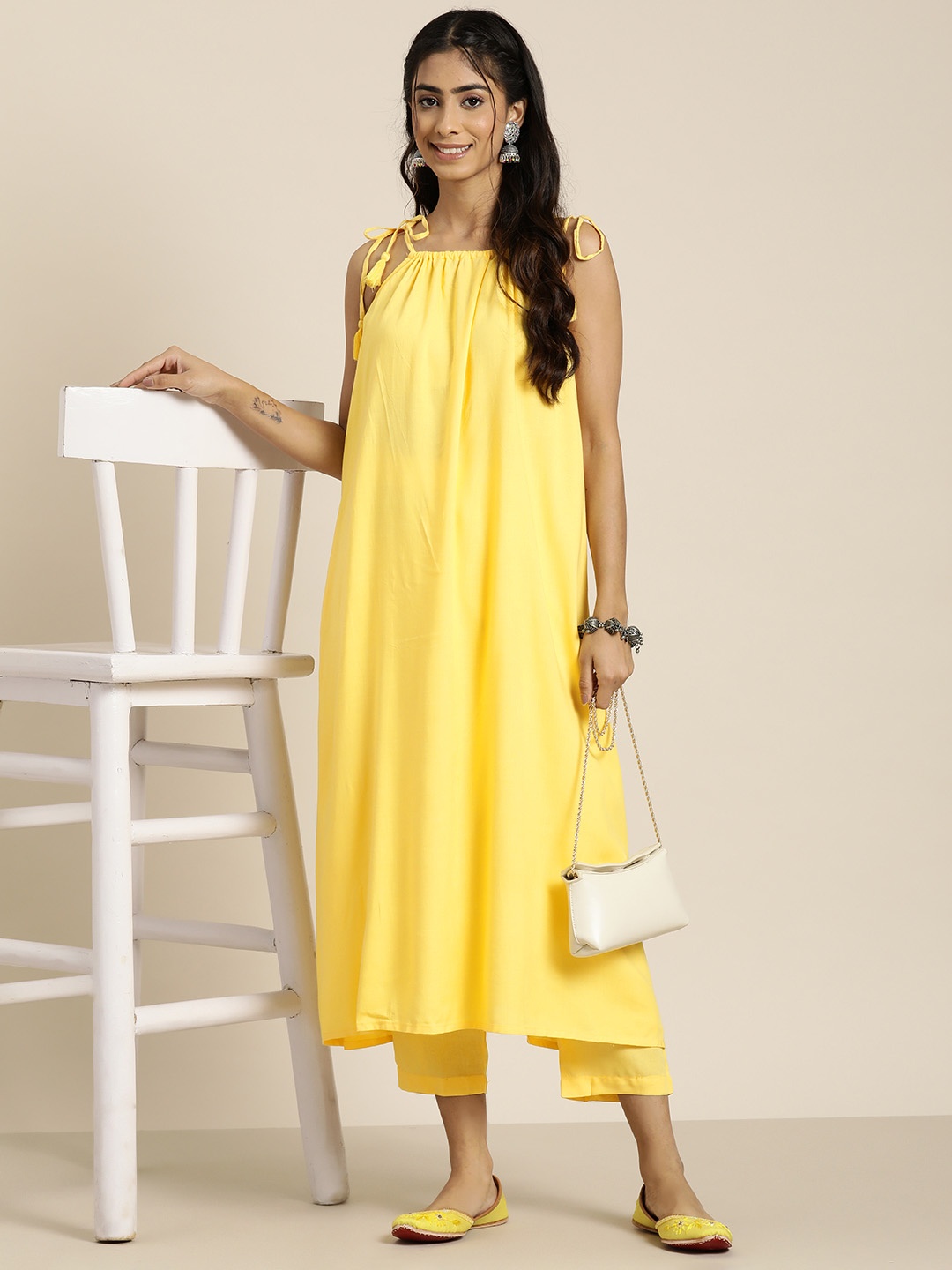 

HERE&NOW Women Yellow Regular Pure Cotton Kurta with Trousers