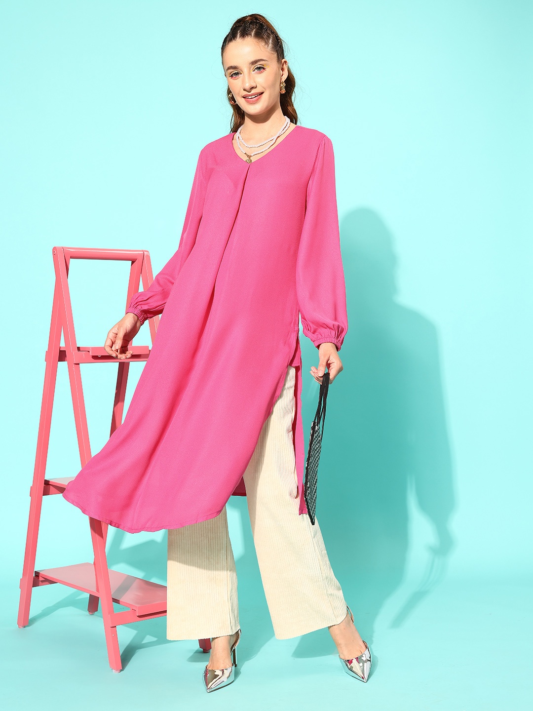 

HERE&NOW A-Line Pleated Designed Vacation Shaanti Kurta, Pink