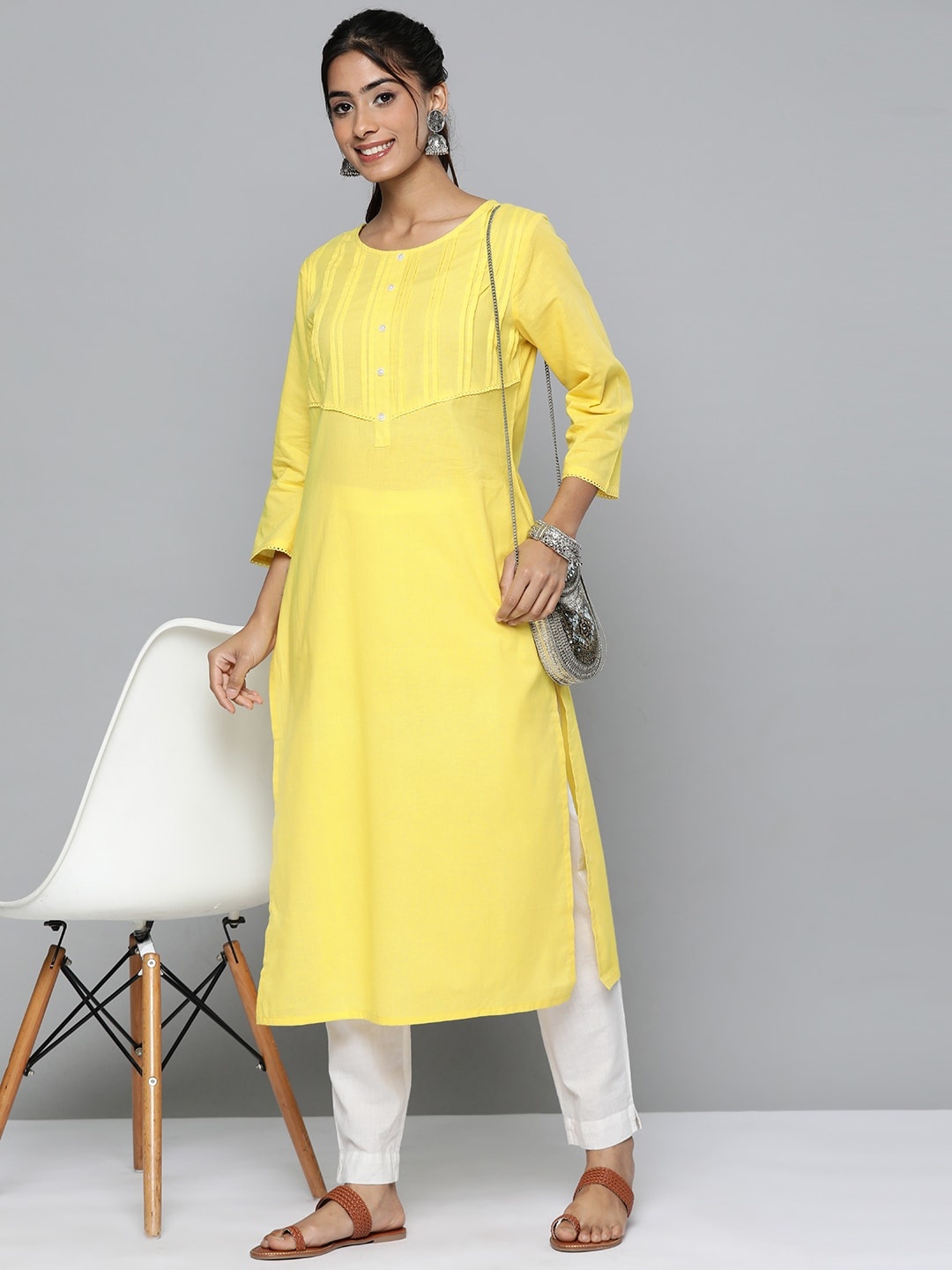 

HERE&NOW Women Pure Cotton Pleated Kurta, Yellow