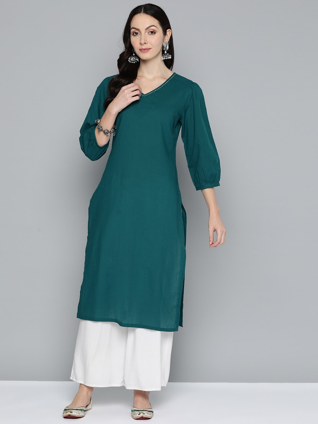 

HERE&NOW Pure Cotton Thread Work Kurta, Teal