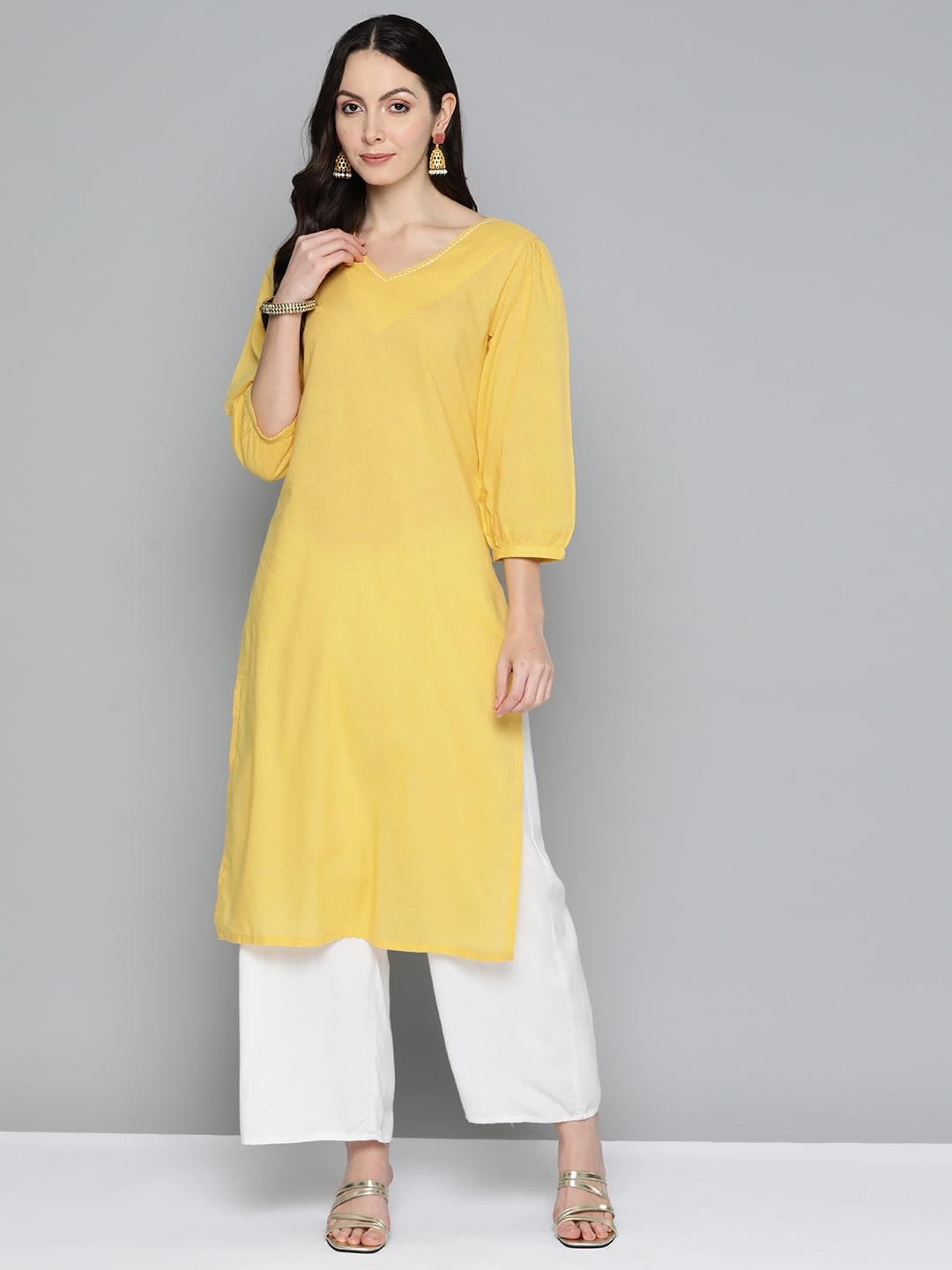 

HERE&NOW Pure Cotton Thread Work Kurta, Yellow