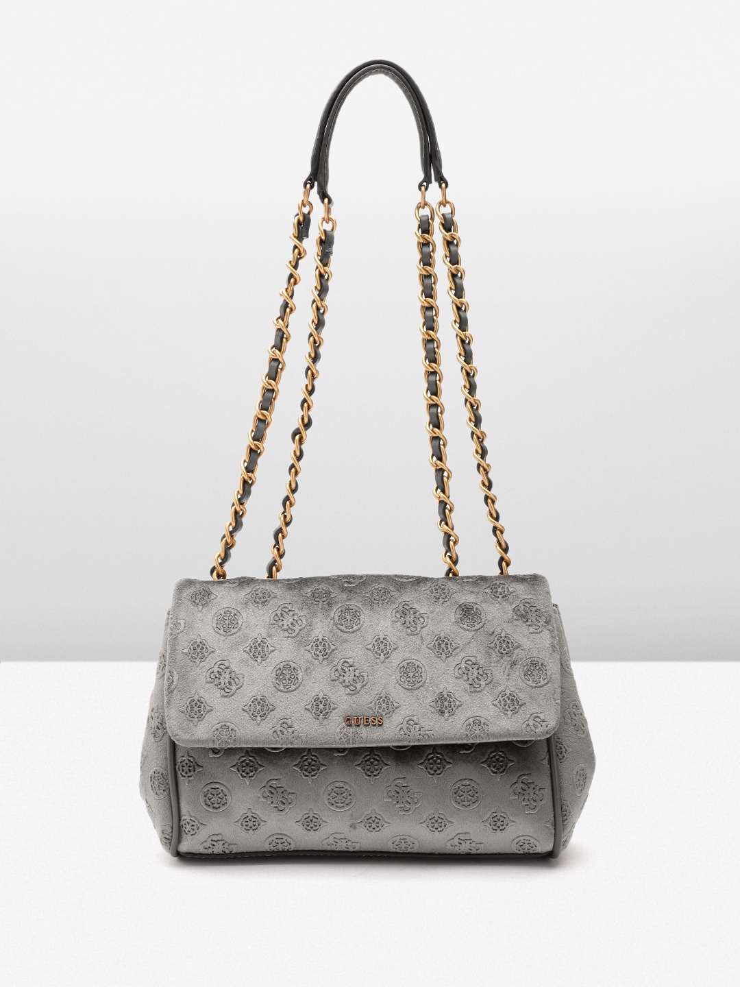 

GUESS Brand Logo Textured Velvet Finish Structured Shoulder Bag, Charcoal