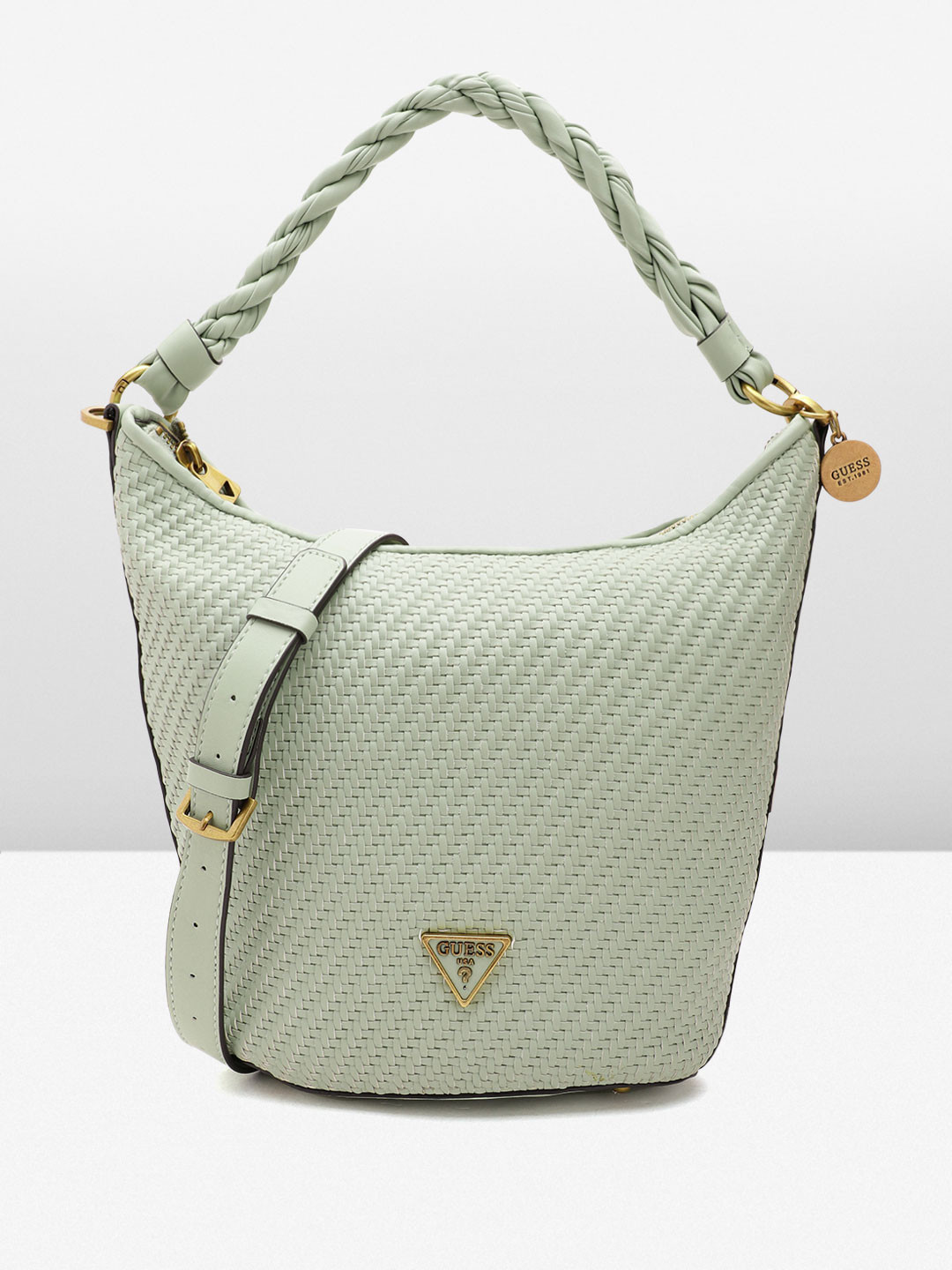 

GUESS Women Geometric Self Design Structured Shoulder Bag, Green